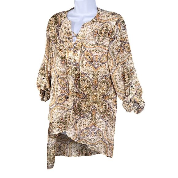 Chicos Mirrored Beauty Womens XS Paisley Sheer Asymmetric Tunic Chiffon Lace Up - Picture 7 of 15